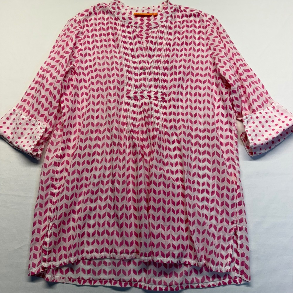 Oliphant Tunic Top S Pink Cotton Voile Pintuck Block Print Resort Coastal